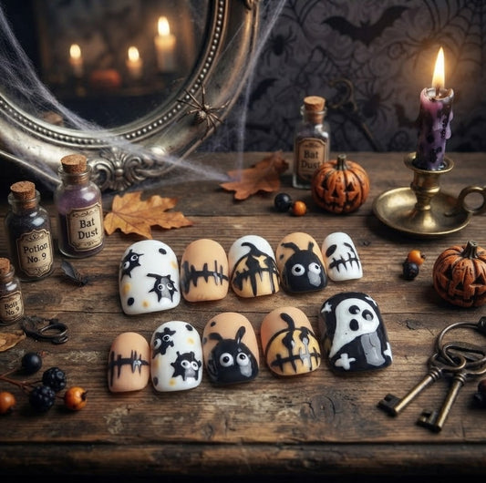 Halloween Short Round Press-On Nails – Cute Ghost & Spooky Art | DNDS