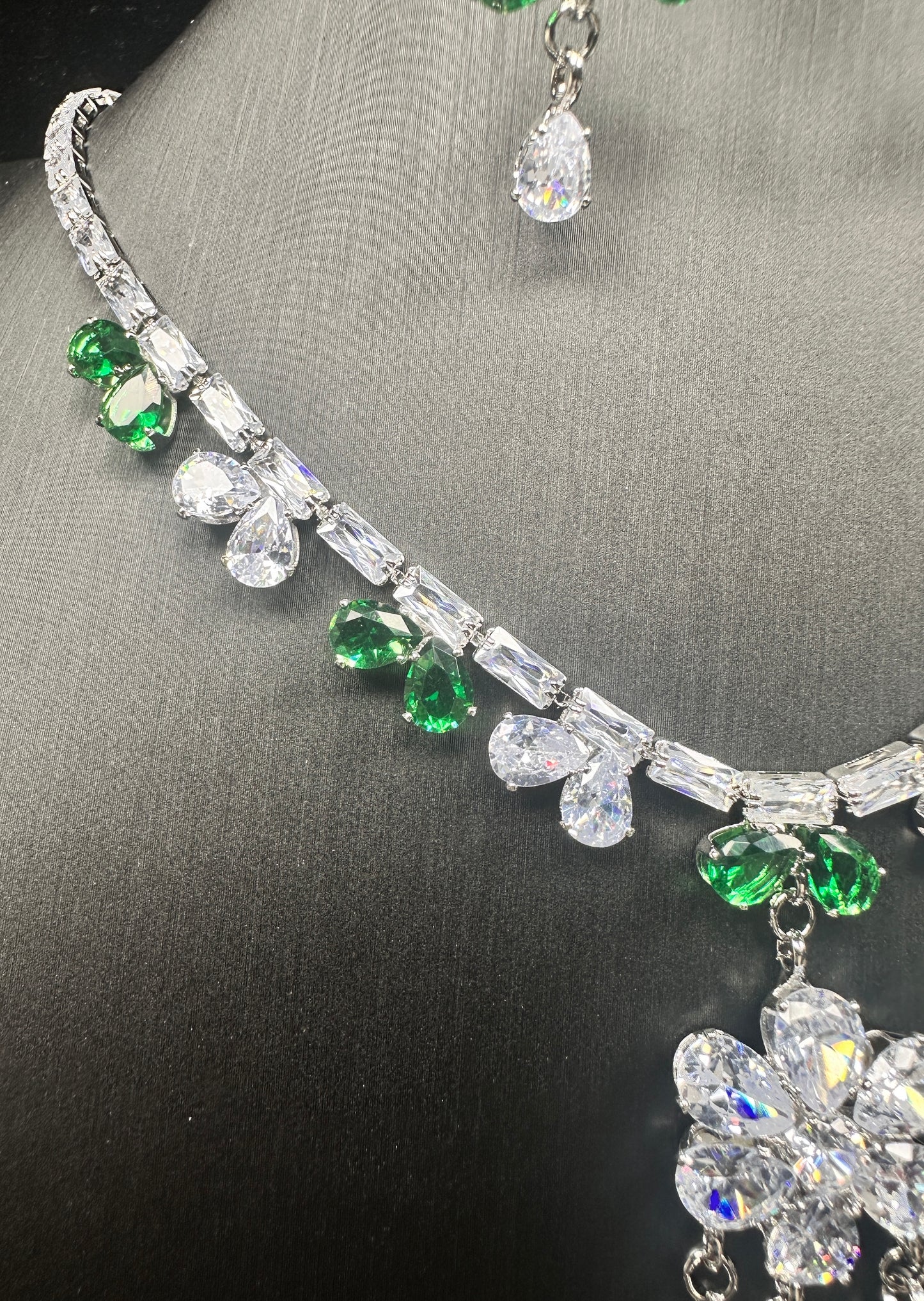 Royal Emerald Floral Set – Green & Clear Faceted Stones on Gold-Plated White Copper