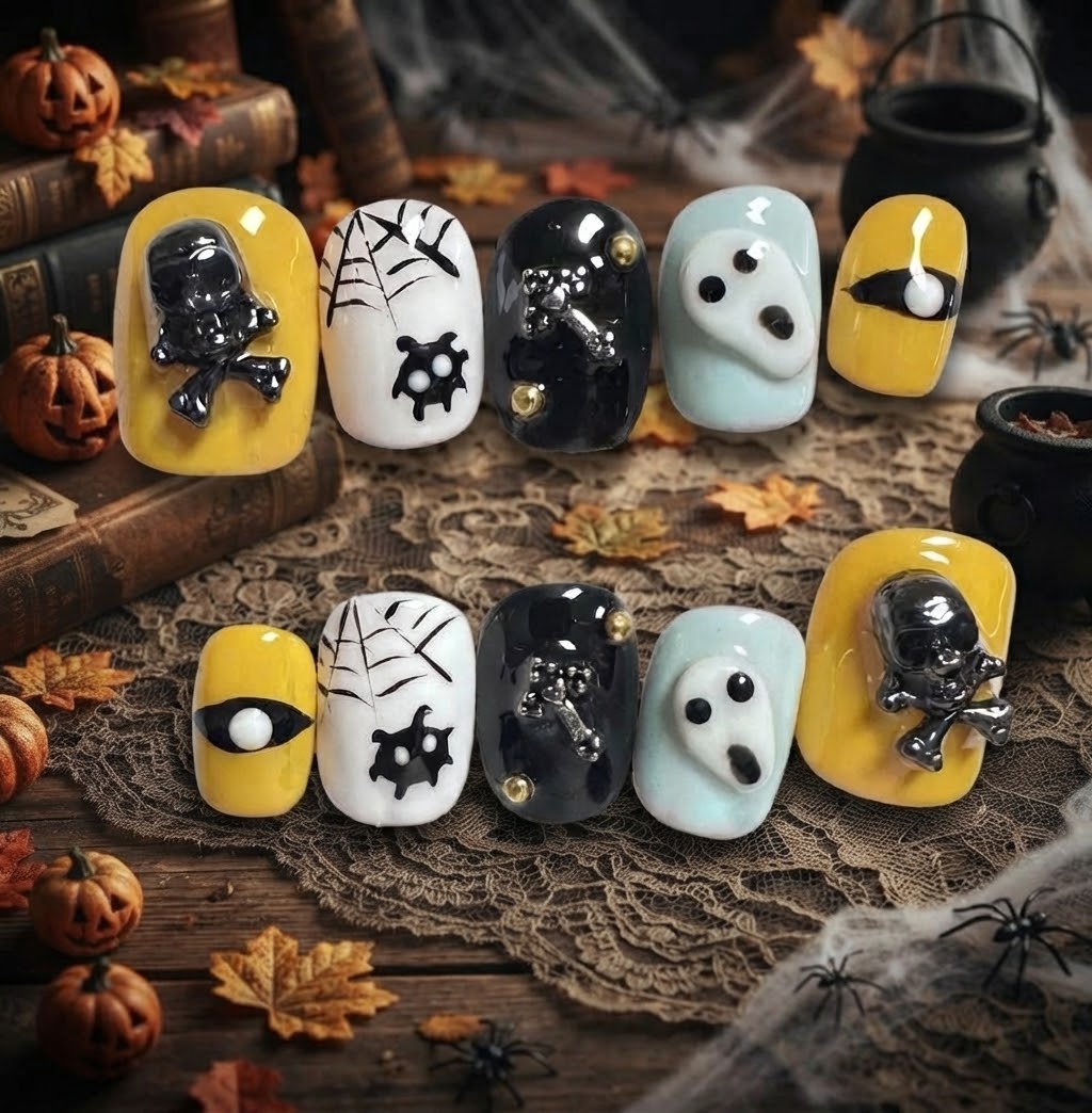 Halloween Short Squoval Press-On Nails – Skull & Ghost Art | DNDS