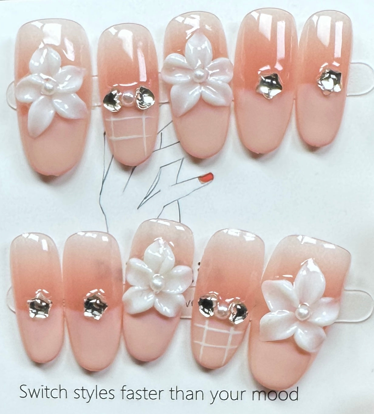 Minimalist Floral Grid Press on Nails Australia | Medium Oval |Daily Nails | Handmade Press on Nails