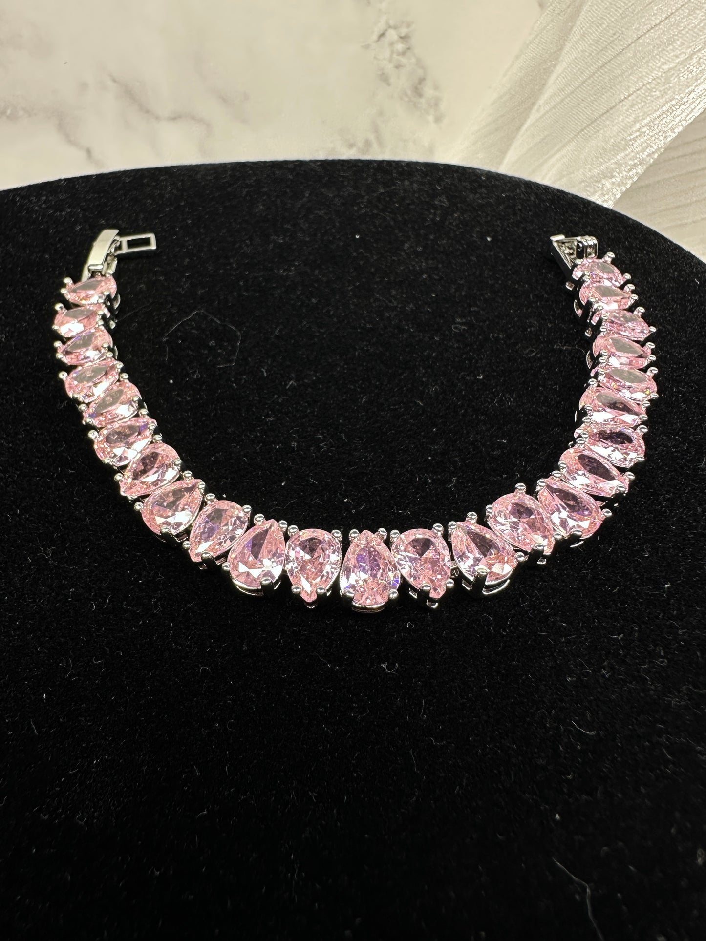 Romantic Pink Teardrop Cubic Zirconia Link Bracelet | Premium 18K Gold Plated Brass, Adjustable (16.5cm - 17.5cm)