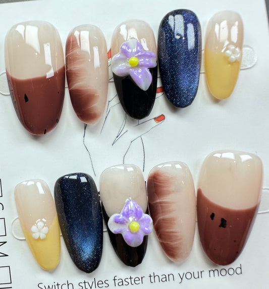 Artisan Cat-Eye & Floral Press on Nails Australia | Medium oval |Daily Nails | Handmade Press on Nails