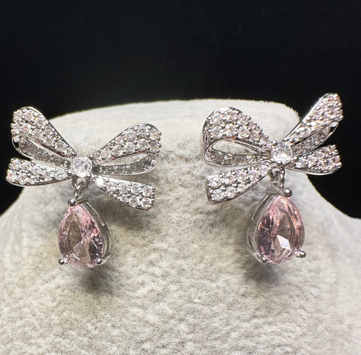 Rosette Pink Mist Earrings | Pavé Bow Design with Pink Drop