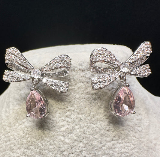Rosette Pink Mist Earrings | Pavé Bow Design with Pink Drop