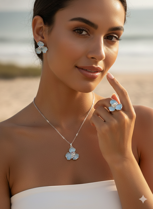 Azure Bloom Trio Set (Necklace, Earrings, Ring)