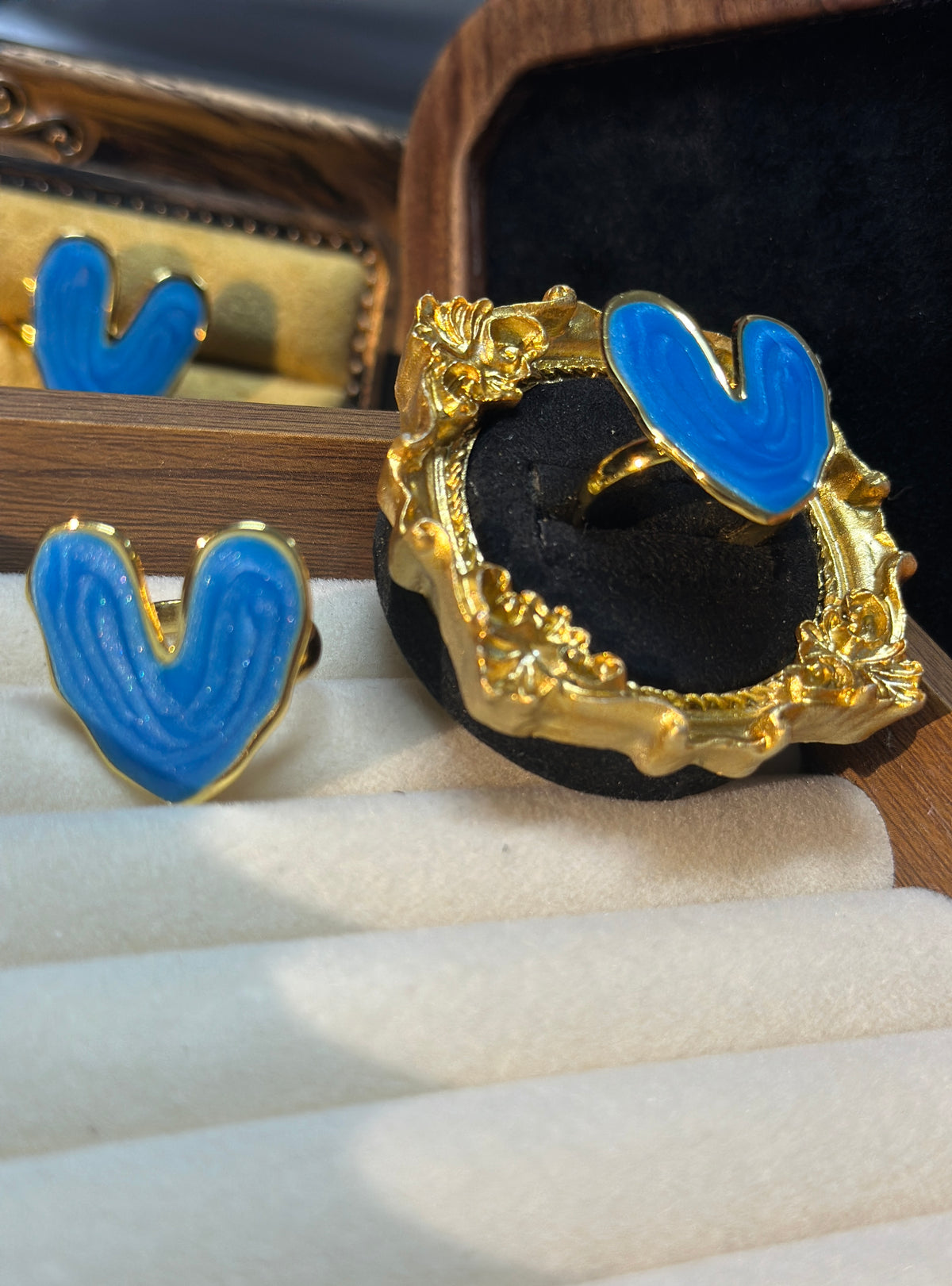 Blue enamel heart adjustable stainless steel ring with PVD gold finish