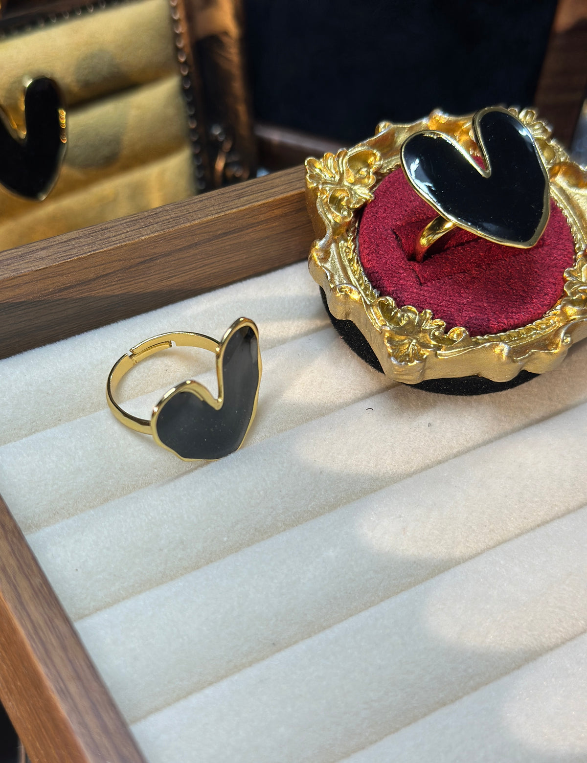 Black enamel heart adjustable stainless steel ring with PVD gold finish