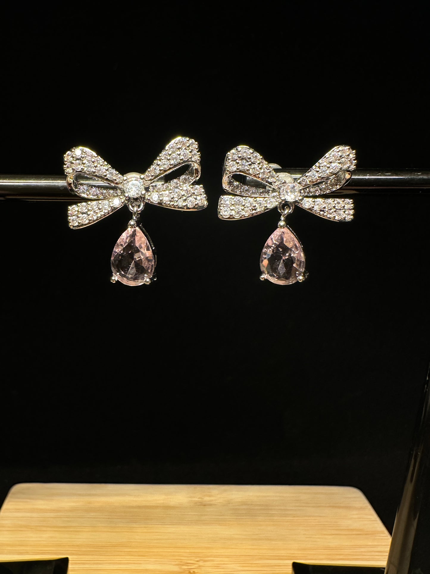 Rosette Pink Mist Earrings | Pavé Bow Design with Pink Drop