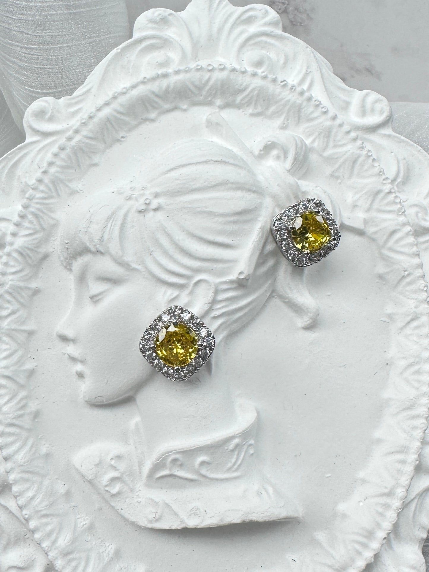 Royal Canary Yellow Cushion-Cut Halo Stud Earrings