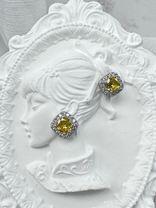 Royal Canary Yellow Cushion-Cut Halo Stud Earrings