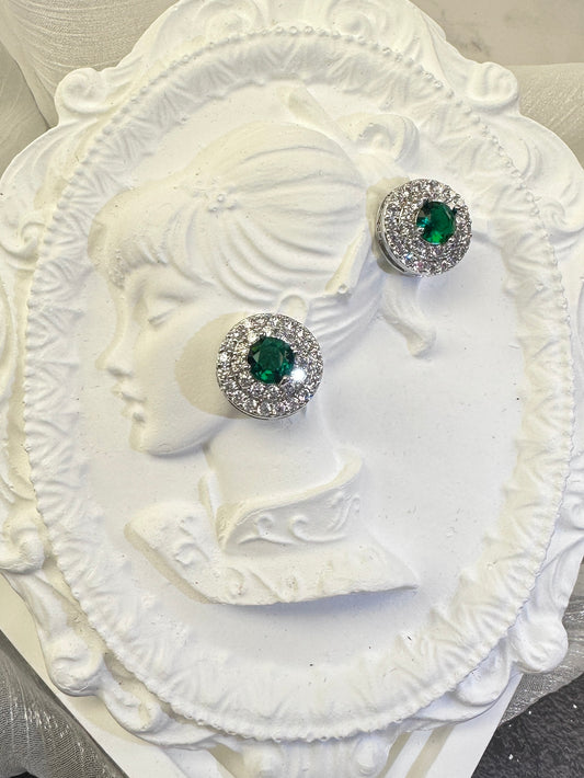 Imperial Forest Green Double Halo Target Stud Earrings