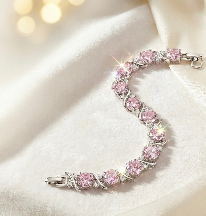 Romantic Pink Round Brilliant Cubic Zirconia Wave Link Bracelet | Premium 18K Gold Plated Brass, Adjustable Length (16.5cm - 17.5cm)