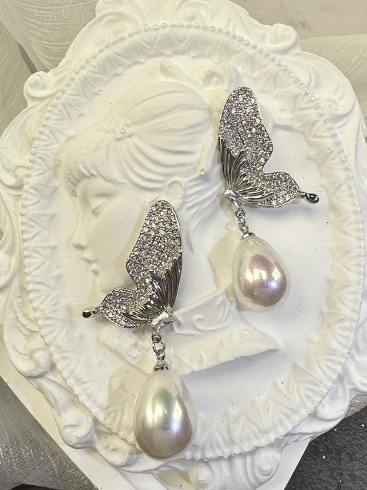 Ethereal Sparkling Butterfly & Teardrop Pearl Drop Earrings