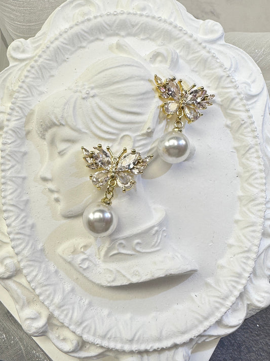 Golden Enchantment Butterfly & Round Pearl Drop Earrings