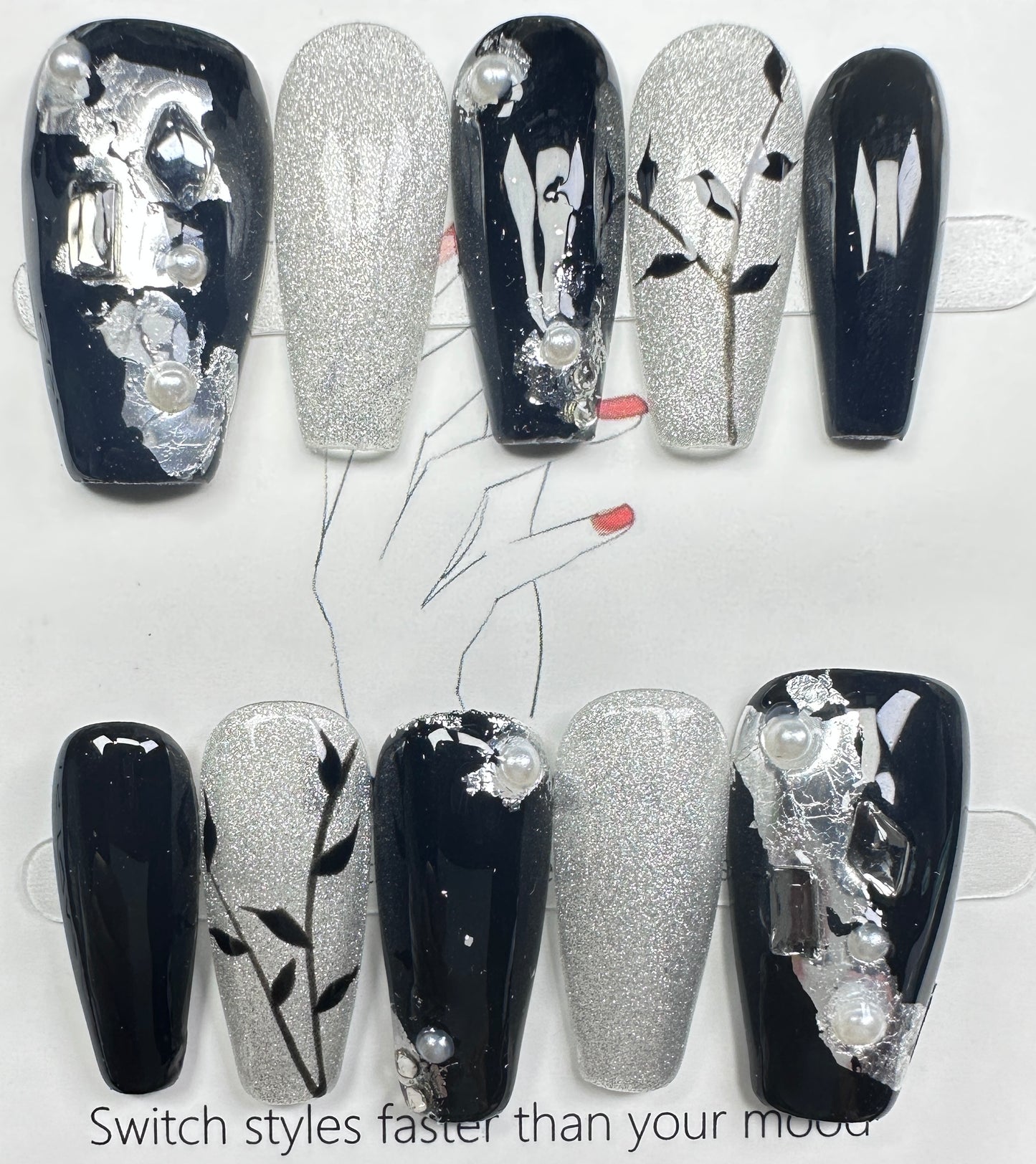 Modern Neo-Chinese Bamboo & Silver Foil Press on Nails Australia | Medium Coffin | Daily Nails | Handmade Press on Nails |