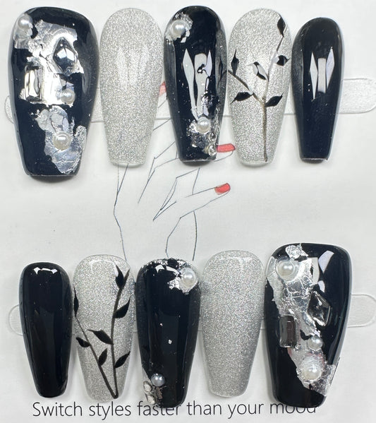 Modern Neo-Chinese Bamboo & Silver Foil Press on Nails Australia | Medium Coffin | Daily Nails | Handmade Press on Nails |
