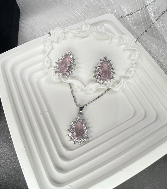 Blush Teardrop Halo Jewelry Set (Gift Box Included)| Necklace & Earrings Gift Box | DN-DS | Luxury Gift-Ready Jewelry Set