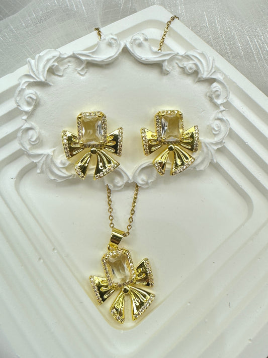 Sunlight Emerald-Cut Bowknot Jewelry Set (Gift Box Included)| Necklace & Earrings Gift Box | DN-DS | Luxury Gift-Ready Jewelry Set