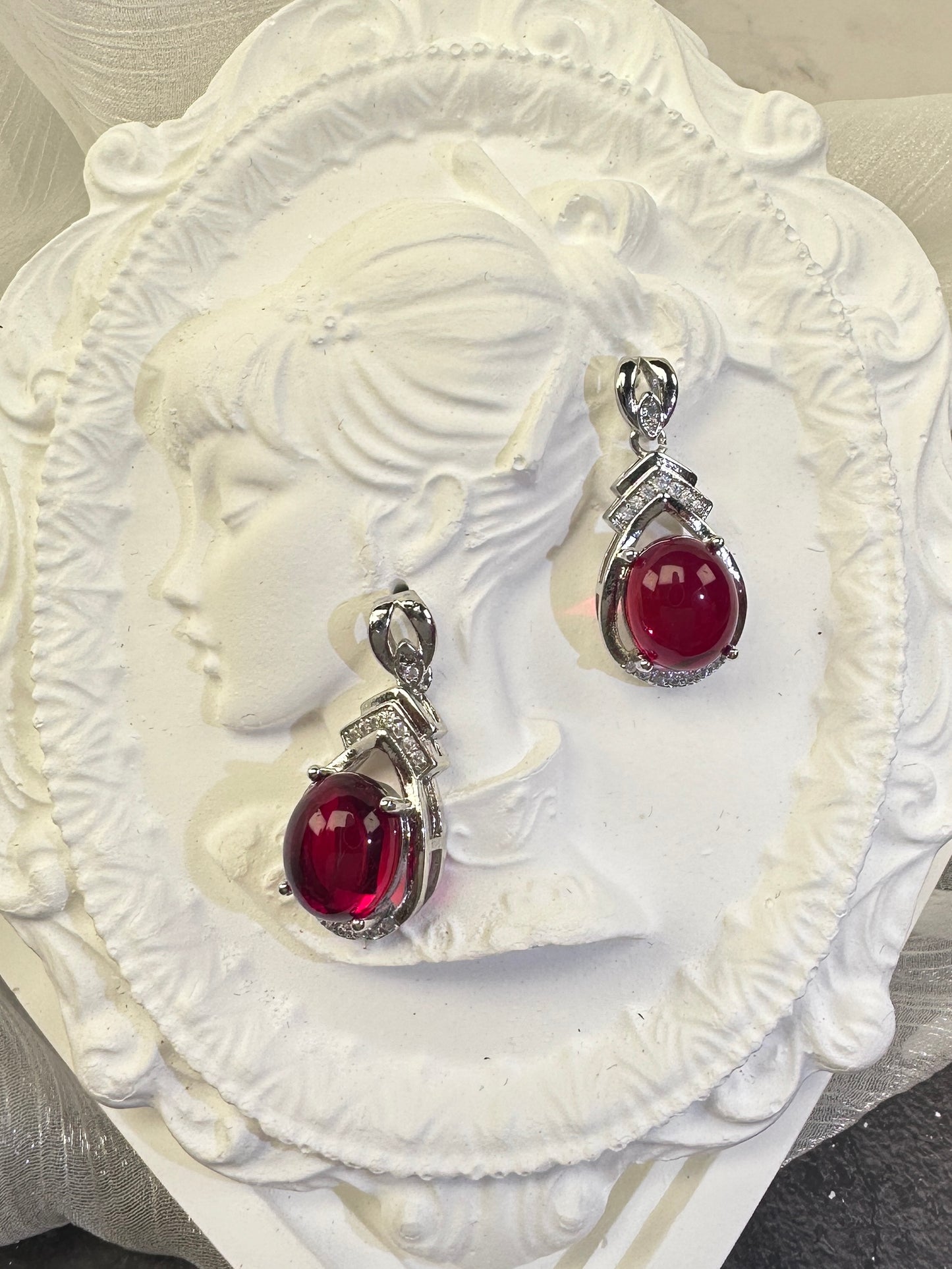 Royal Crimson Red Cabochon Teardrop Drop Earrings