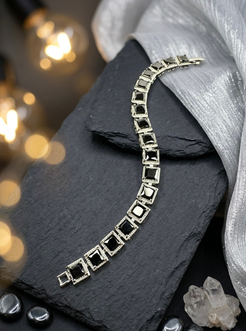 Modern Gothic Black Square Cubic Zirconia Tennis Bracelet | Premium Platinum-Plated Brass, Seamless Fixed 18cm Length