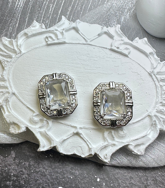 Brilliant Icy White Radiant-Cut Geometric Halo Stud Earrings