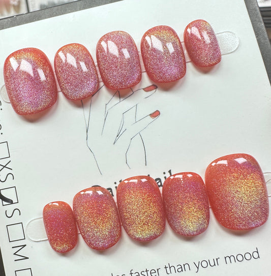 Peach Coral Aurora  | Handmade Press on Nails Australia| Luxury Handmade Short Squoval Press-On Nails |Daily Nails | Handmade Press on Nails