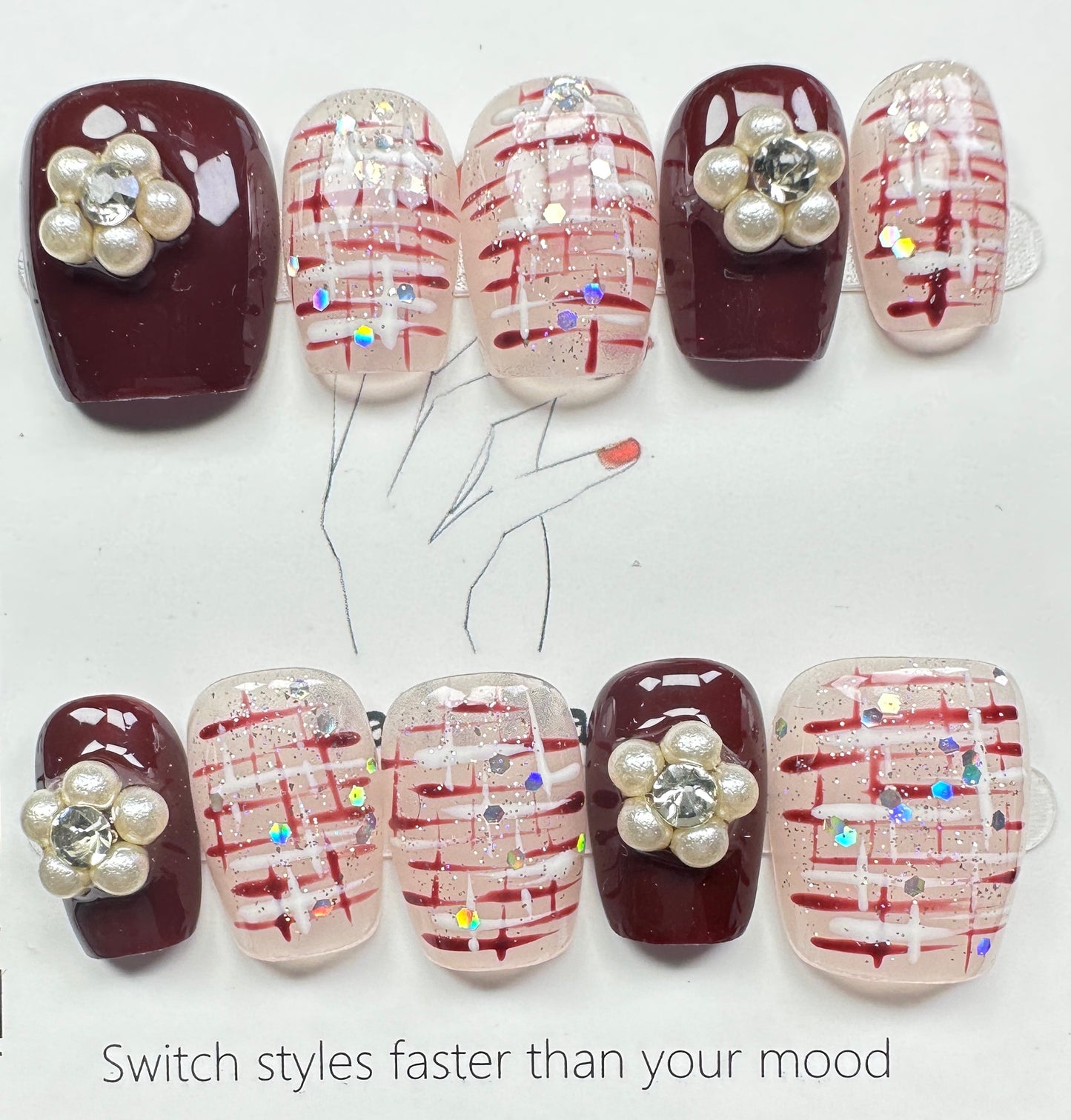 Burgundy Tweed & Pearl Flower Press on Nails Australia | Short Square｜Daily Nails | Handmade Press on Nails |