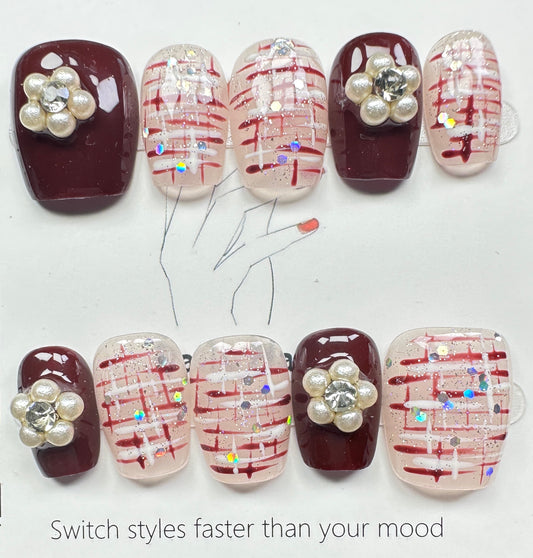 Burgundy Tweed & Pearl Flower Press on Nails Australia | Short Square｜Daily Nails | Handmade Press on Nails |