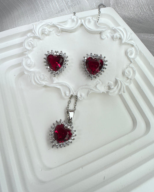 Crimson Heart Halo Jewelry Set (Gift Box Included)| Necklace & Earrings Gift Box | DN-DS | Luxury Gift-Ready Jewelry Set