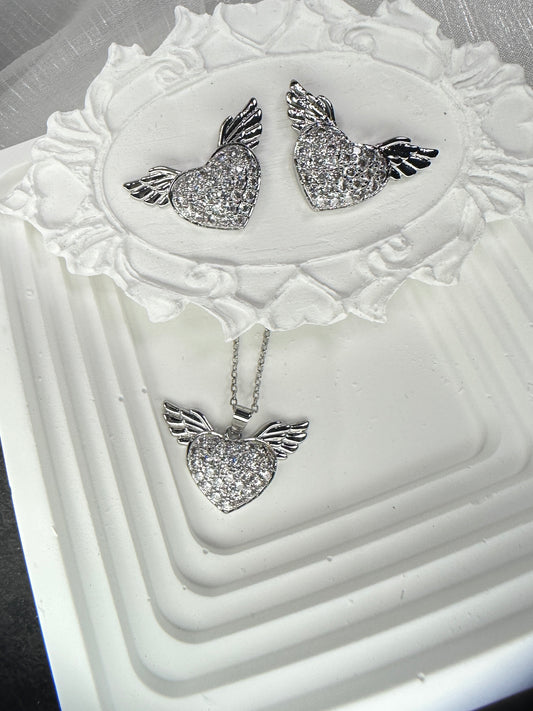 Guardian Angel Wing Heart Jewelry Set (Gift Box Included)| Necklace & Earrings Gift Box | DN-DS | Luxury Gift-Ready Jewelry Set