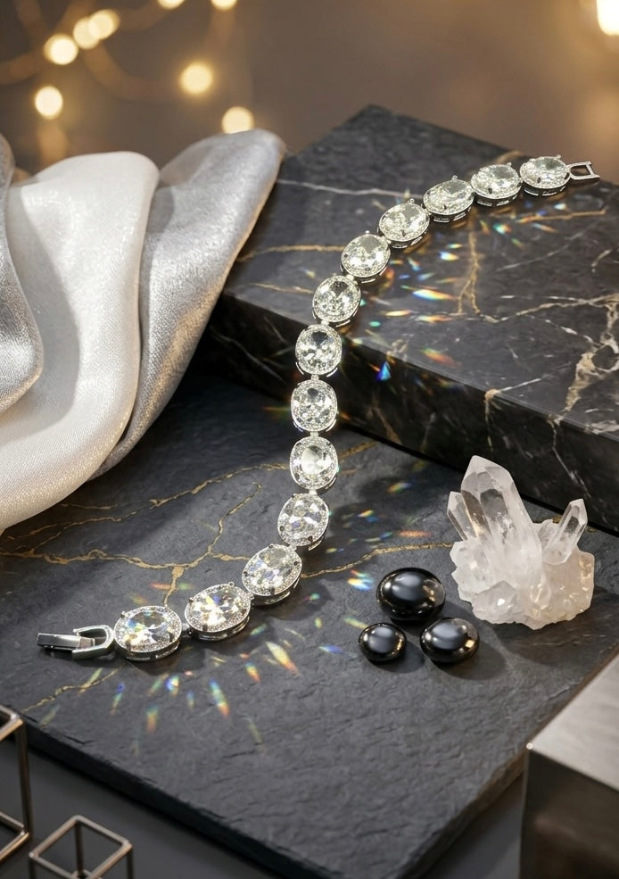 Luxury Oval Clear Cubic Zirconia Tennis Bracelet for Women - Premium Sparkling Bridal & Everyday Jewelry (Fixed 17.5cm)