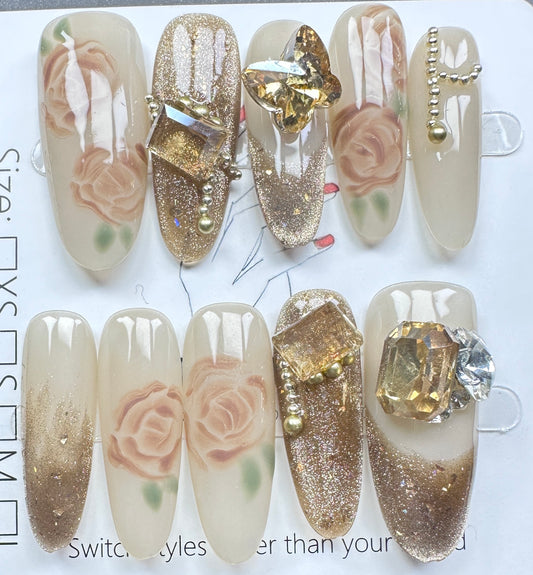 Gold Glitter Ombre & Oil Painting Rose Press on Nails Australia | Long Oval｜Daily Nails | Handmade Press on Nails |