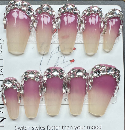 Berry Purple Ombre & Crystal Tiara Press on Nails Australia | Medium Coffin｜Daily Nails | Handmade Press on Nails |