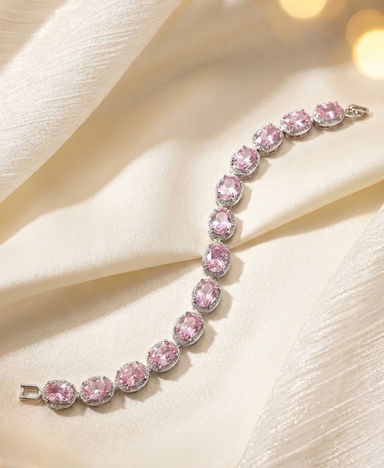 Vintage Pink Oval Halo Cubic Zirconia Link Bracelet | Premium 18K Gold Plated Brass, Fixed 18cm Length