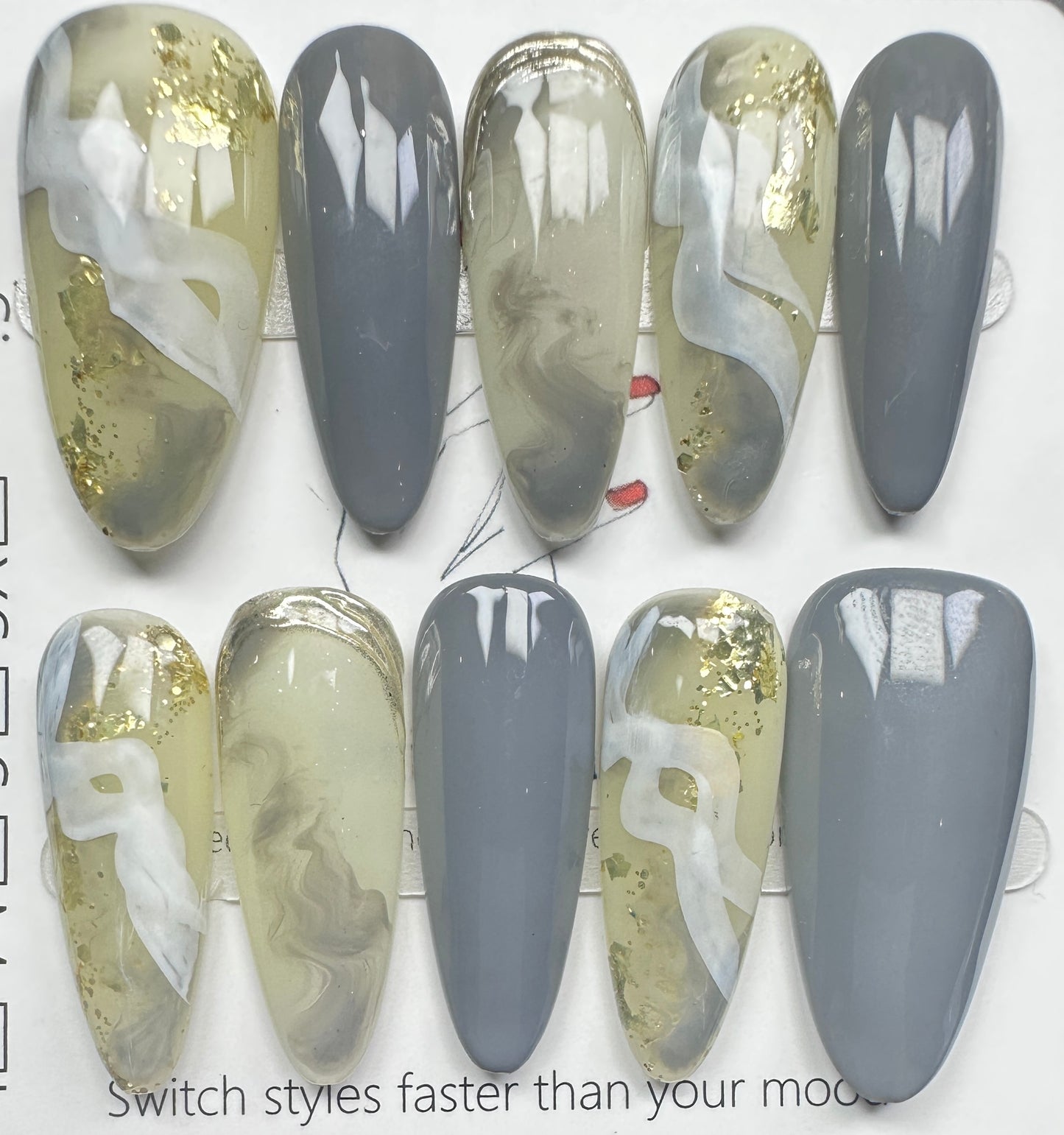 Modern Grey Marble & 3D Gold Chrome Press on Nails Australia | Long Almond | Daily Nails | Handmade Press on Nails |