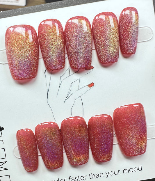 Coral Sunset Aurora  | Handmade Press on Nails Australia| Luxury Handmade Short Coffin Press-On Nails |Daily Nails | Handmade Press on Nails