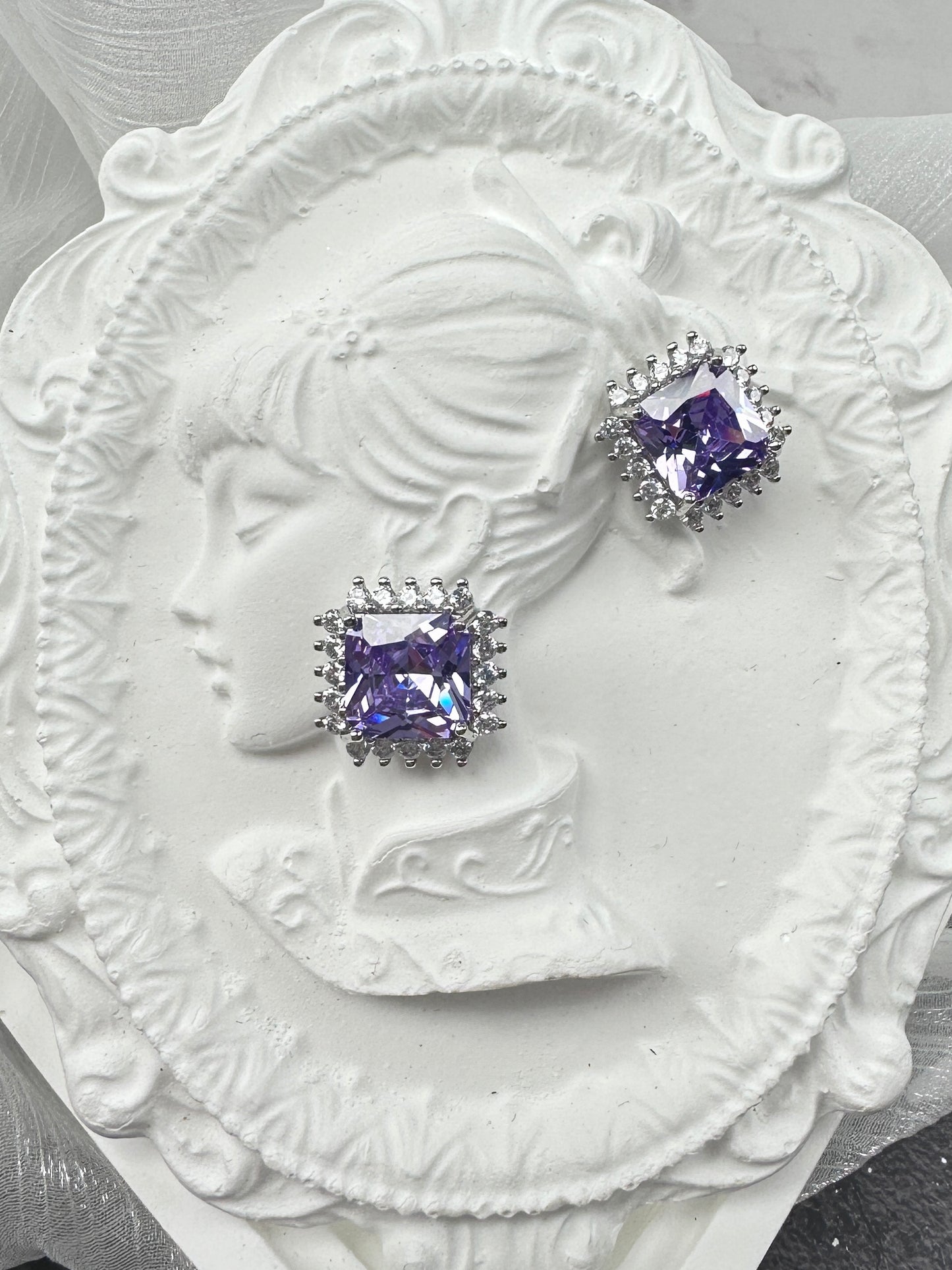 Imperial Violet Radiant-Cut Starburst Halo Stud Earrings