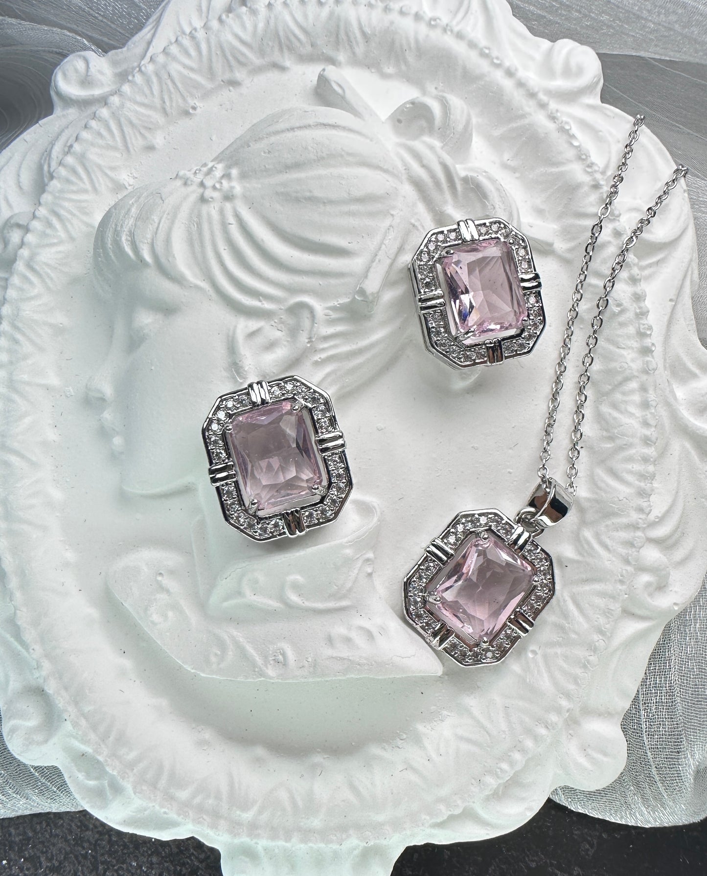 Blush Emerald-Cut Jewelry Set (Gift Box Included)| Necklace & Earrings Gift Box | DN-DS | Luxury Gift-Ready Jewelry Set