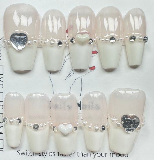 Elegant Milky White French & Crystal Heart Press on Nails Australia | Medium Coffin | Daily Nails | Handmade Press on Nails |
