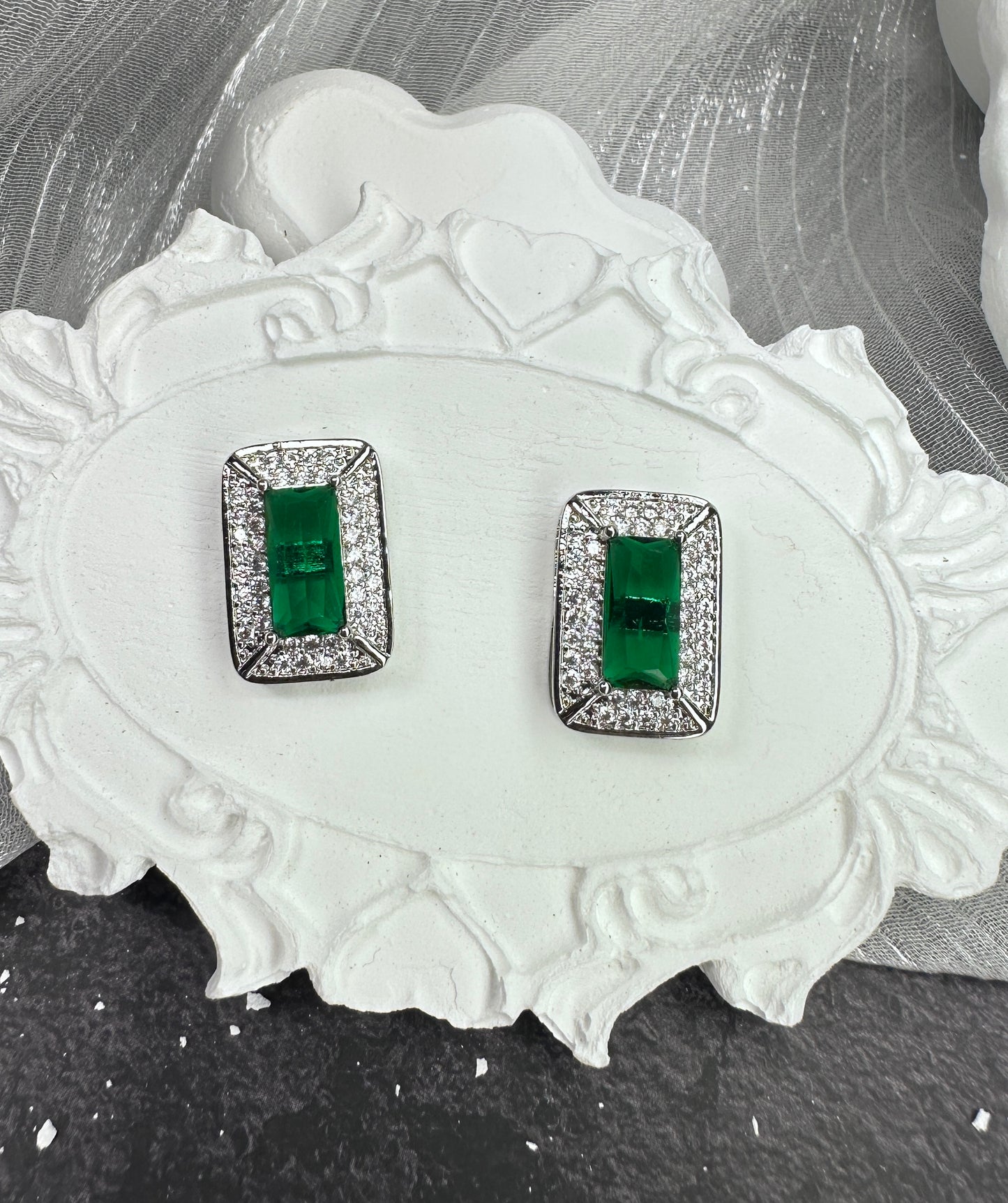 Vintage Forest Green Emerald-Cut Rectangular Halo Stud Earrings