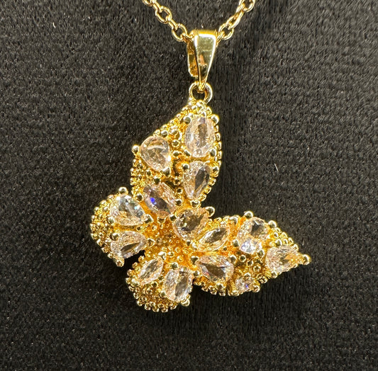 Gilded Pearlescent Aura Pendant | White & Gold Butterfly Necklace