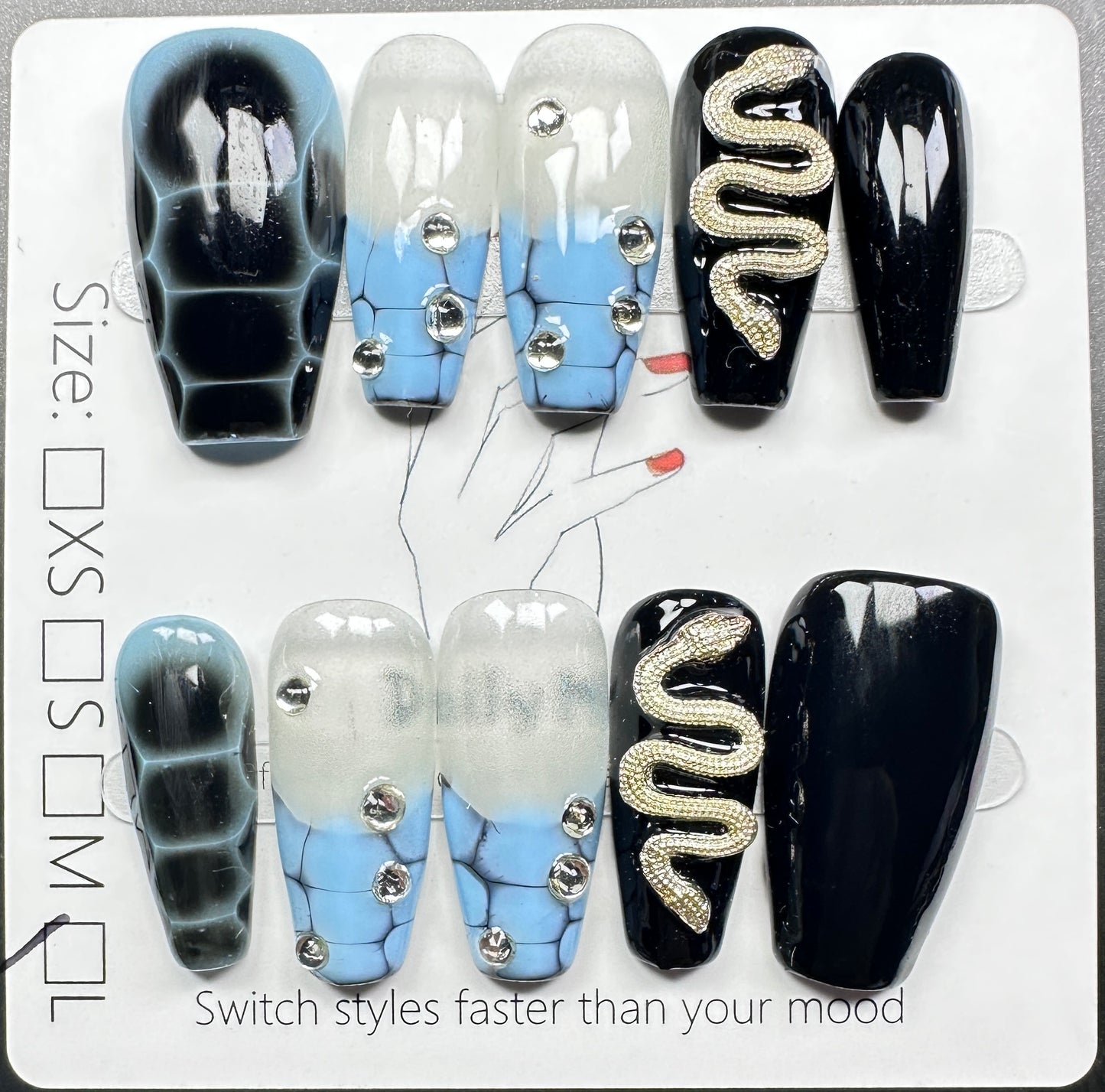 Gothic Snake Print & Metallic Charm Press on Nails Australia | Medium Coffin｜Daily Nails | Handmade Press on Nails |