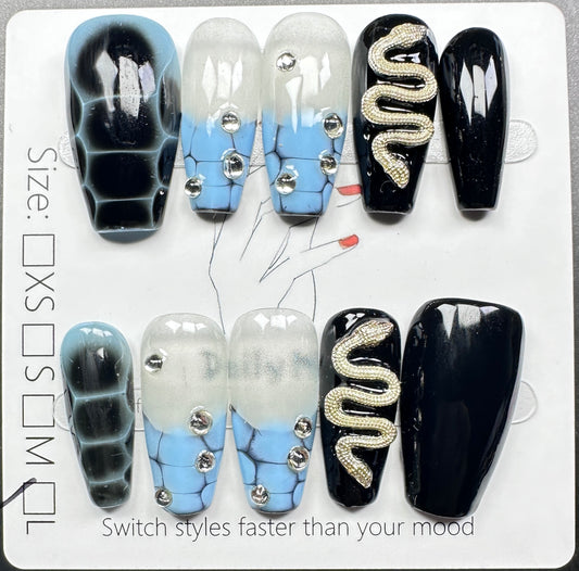 Gothic Snake Print & Metallic Charm Press on Nails Australia | Medium Coffin｜Daily Nails | Handmade Press on Nails |