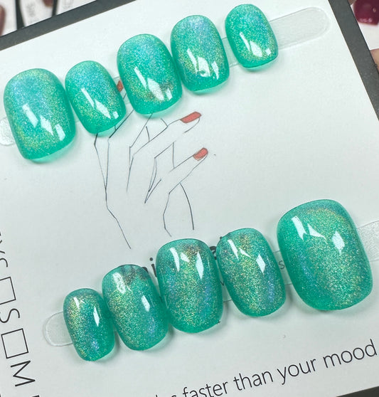 Mint Aurora Velvet | Luxury Handmade Short Square Press-On Nails
