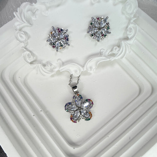 Rainbow Aura Five-Petal Jewelry Set (Gift Box Included)| Necklace & Earrings Gift Box | DN-DS | Luxury Gift-Ready Jewelry Set