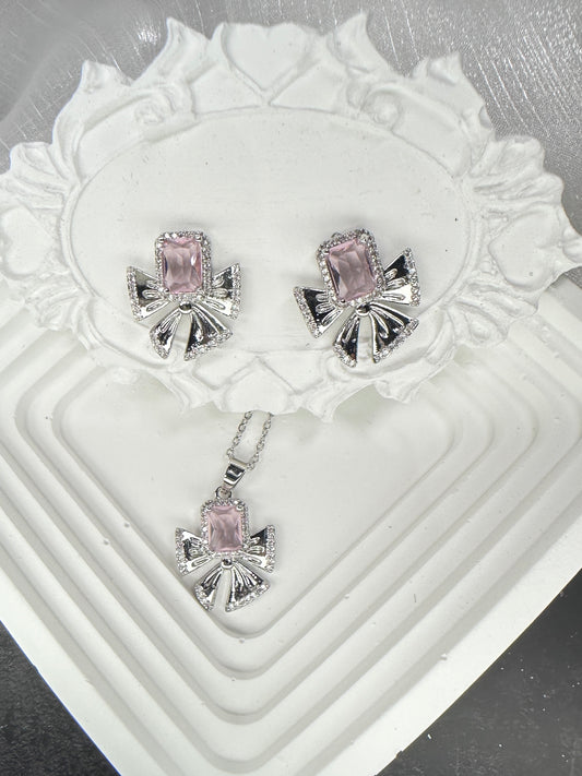 Blush Emerald-Cut Bowknot Jewelry Set (Gift Box Included)| Necklace & Earrings Gift Box | DN-DS | Luxury Gift-Ready Jewelry Set