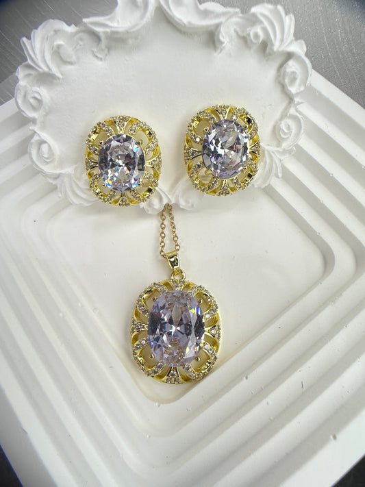Palace Elegance Oval Halo Jewelry Set (Gift Box Included)| Necklace & Earrings Gift Box | DN-DS | Luxury Gift-Ready Jewelry Set