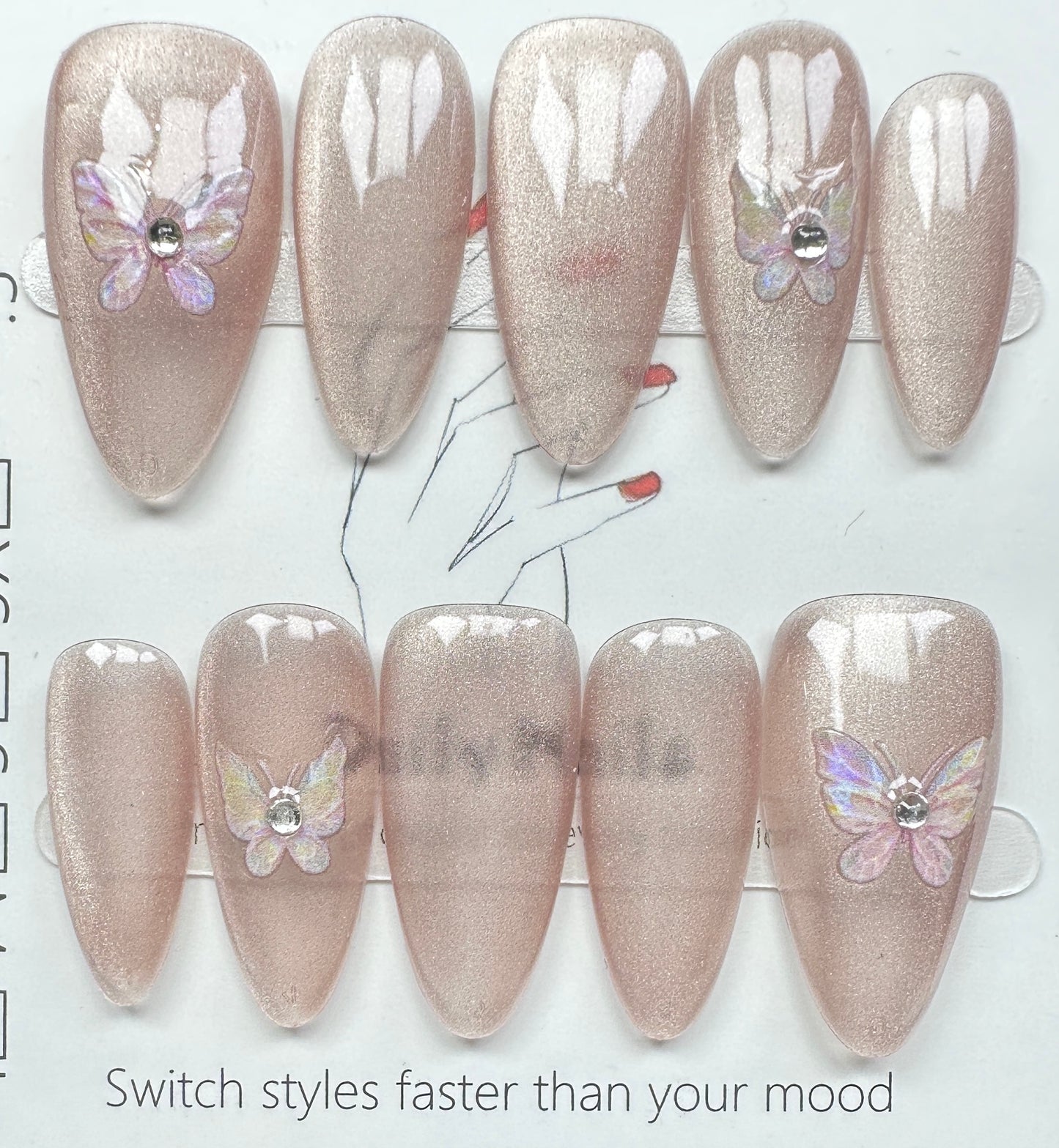 Elegant Aurora Butterfly & Champagne Cat-Eye Press on Nails Australia | Medium Almond｜Daily Nails | Handmade Press on Nails |