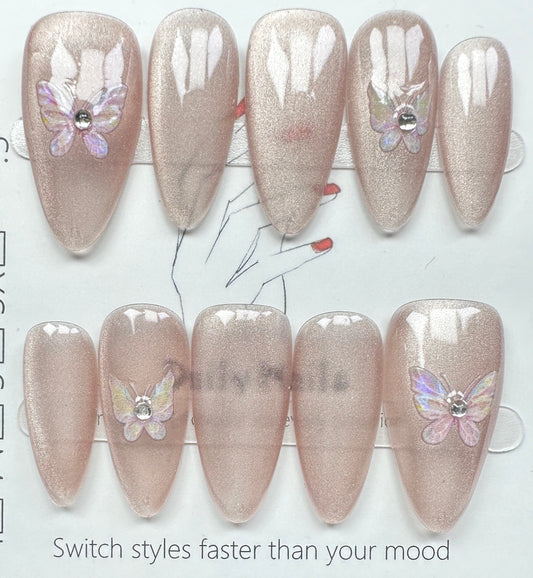 Elegant Aurora Butterfly & Champagne Cat-Eye Press on Nails Australia | Medium Almond｜Daily Nails | Handmade Press on Nails |
