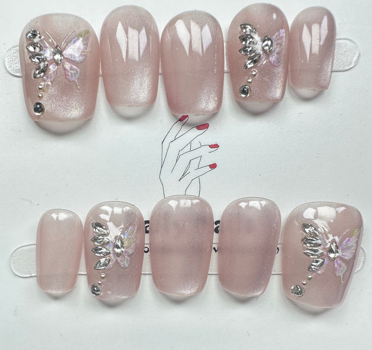 Luxury Pink Cat-Eye & Crystal Butterfly Press on Nails Australia | Short Square | Daily Nails | Handmade Press on Nails |